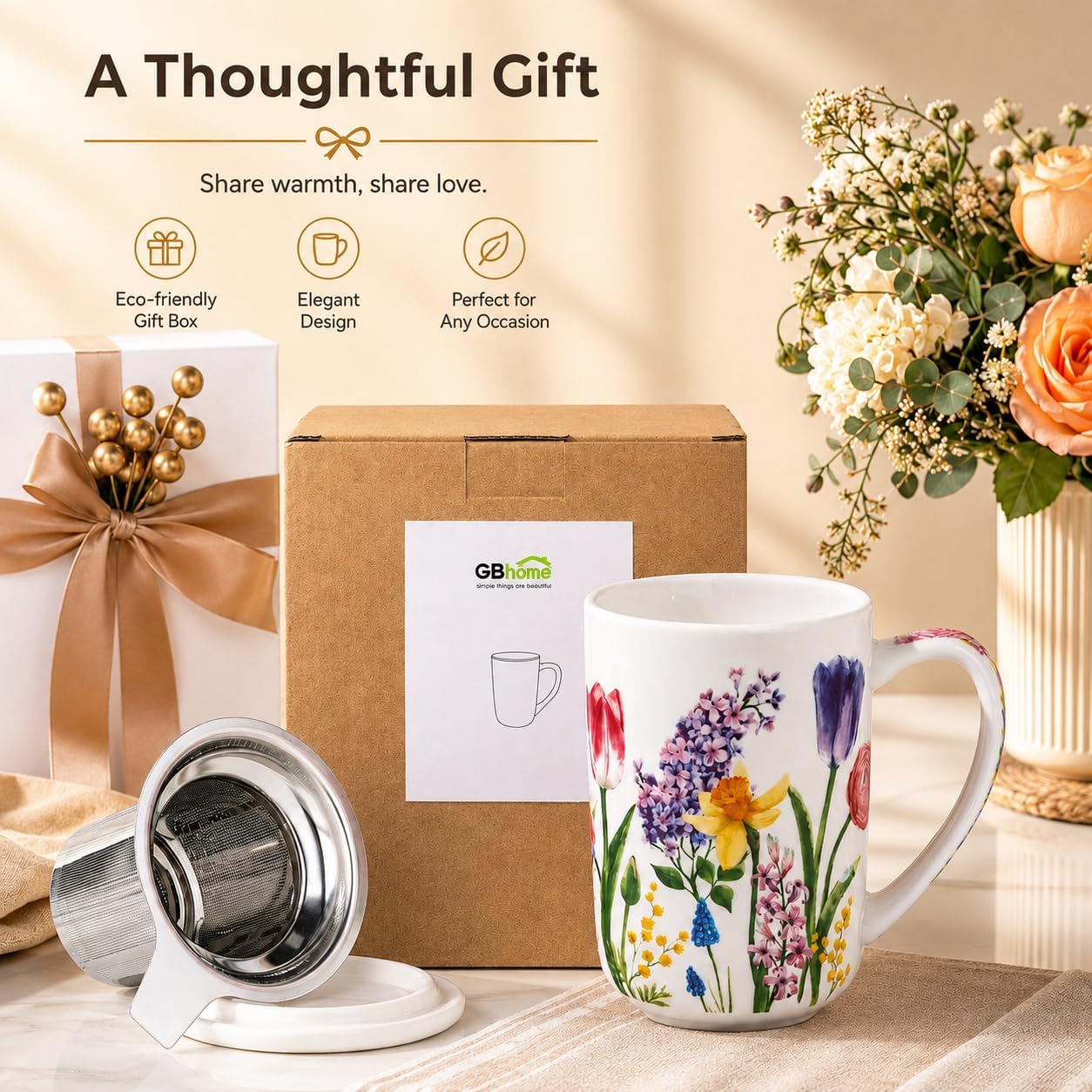 GBhome Tea Mug with Infuser and Lid, 18 Ounce Large Ceramic Loose Leaf Cup, Microwave, Dishwasher Safe, Perfect for Tea Lovers