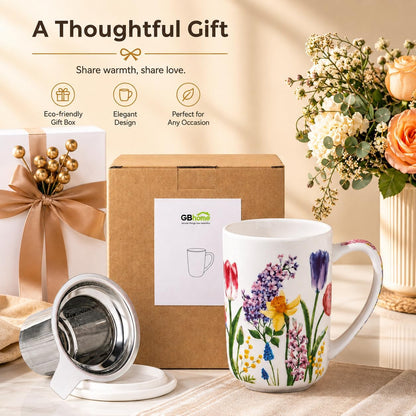 GBhome Tea Mug with Infuser and Lid, 18 Ounce Large Ceramic Loose Leaf Cup, Microwave, Dishwasher Safe, Perfect for Tea Lovers