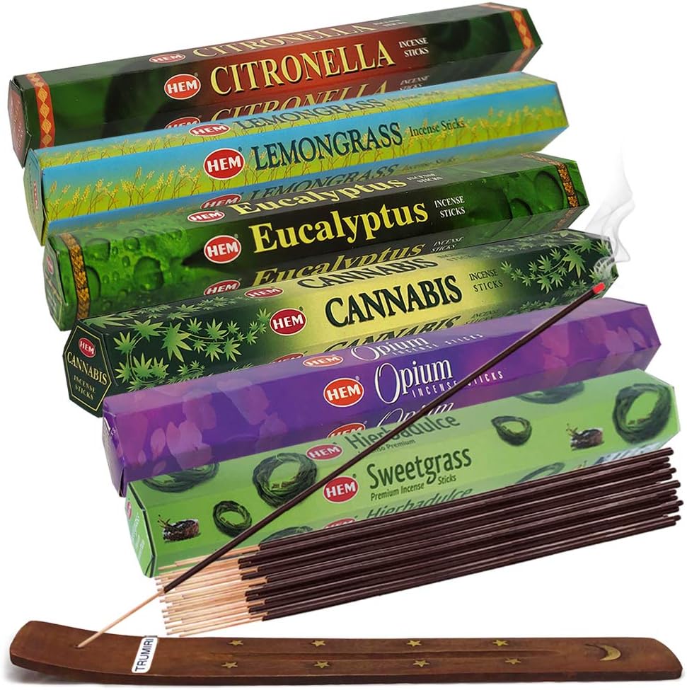 Hem Incense Sticks Variety Pack #23-120 Insence-Sticks (6 Incents x 20 Insense) + Incense Stick Holder with 6 Most Liked Scents Including Patchouli Dragons Blood White Sage Frankincense-Myrrh