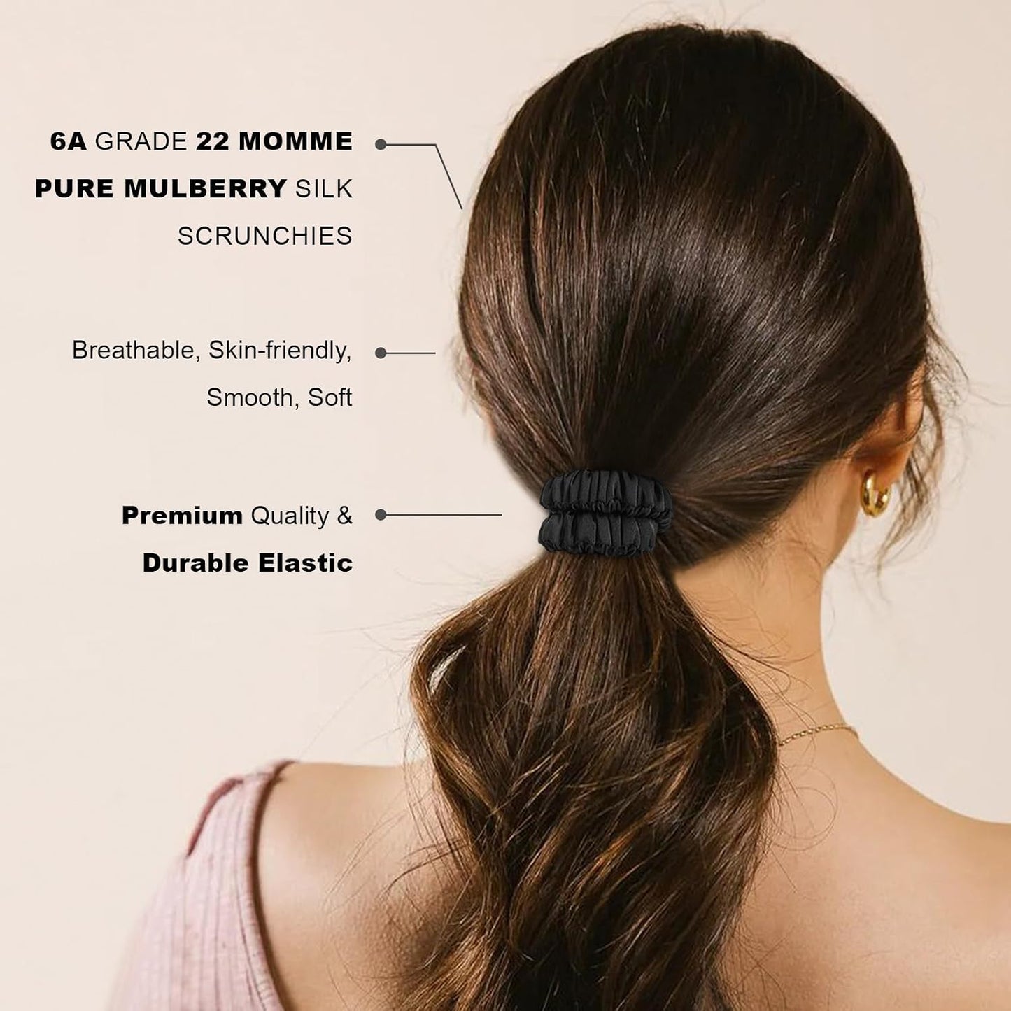 Mulberry Silk Scrunchies 4 Pack - Non Slip, Black Small Thin Silk Scrunchies for Women, Sleepy Ties for Thick Hair