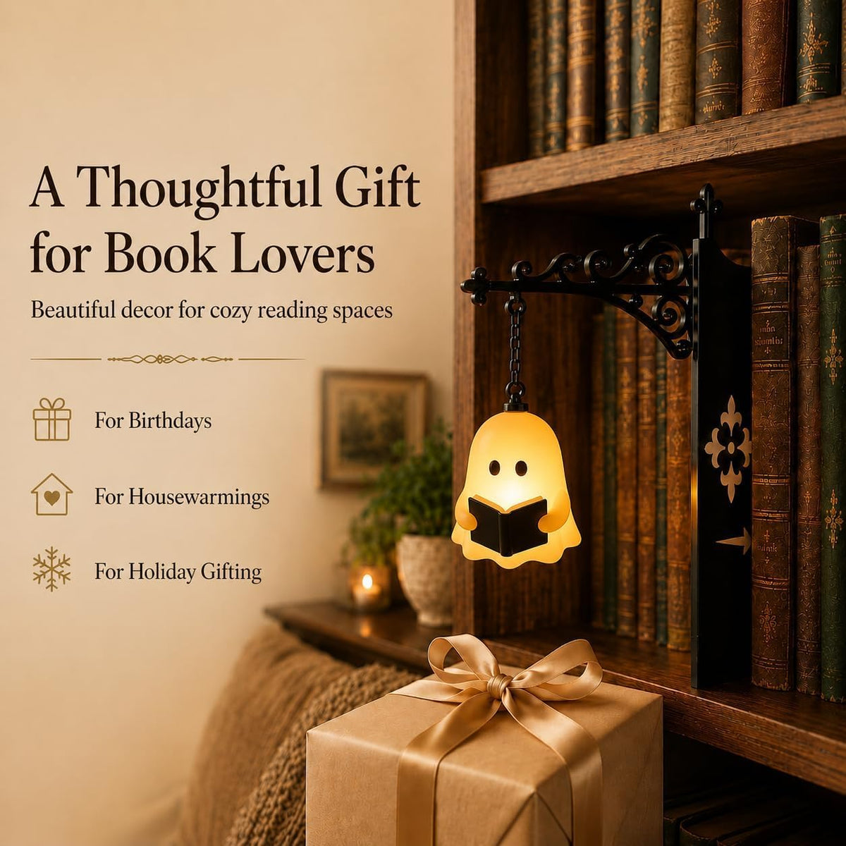 Library Lantern-Decorative Bookshelf Lighting, Mini Bookshelf Lamp Slides Between Books, Warm Amber LED Nook Light & Bookshelf Lantern for Book Nook, Shelf Decor Gift for Book Lovers(Reading Ghost)