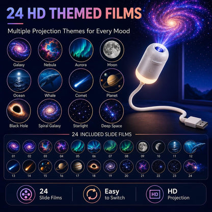 HD Smart Dynamic 5D Holographic Night Light Projector, Plug and Play Galaxy Star Projector, 360° Rotating USB Powered Ocean Wave Ceiling Light for Bedroom, Kids Room, Party Decor (24 Projection Films)