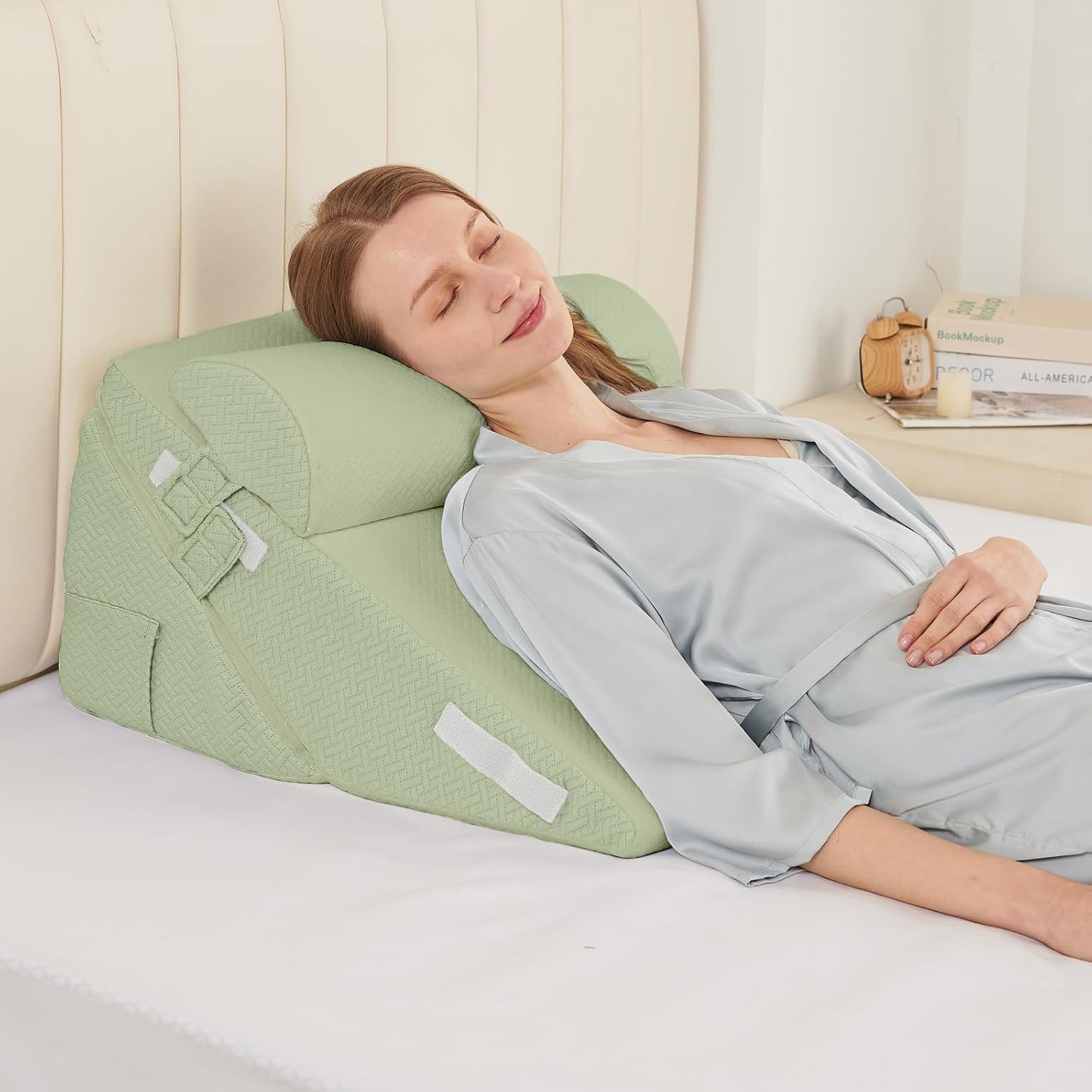 Sasttie Wedge Pillow Set for After Surgery, 2PCS Adjustable Bed Wedge Pillow Headboard with Memory Foam Neck Cushion – for Acid Reflux, Sleeping, Neck & Back Support, Dark Grey & White