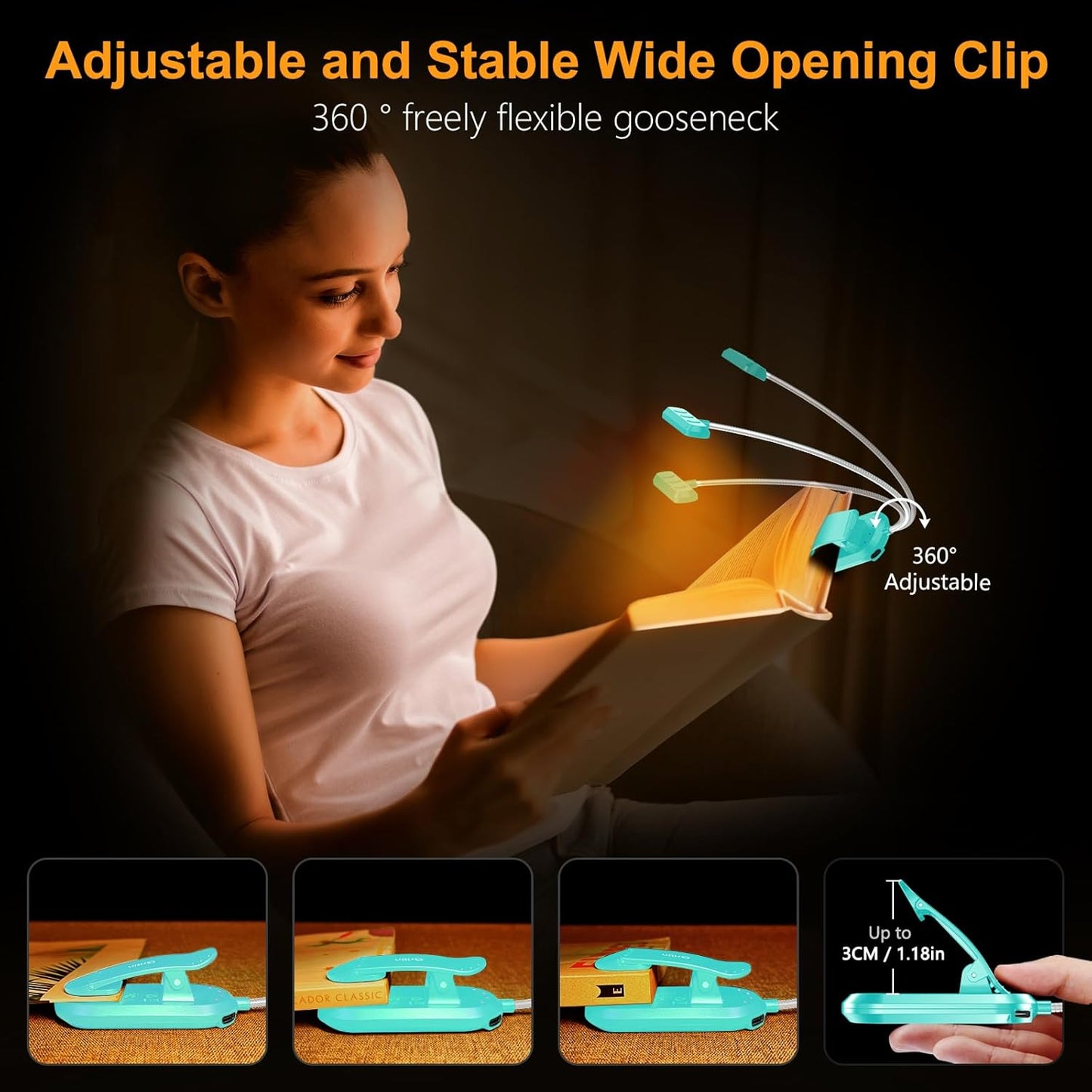 Gritin Rechargeable Book Light for Reading in Bed with 19 LED | Eye Caring 3 Color Temps,5 Brightness Levels,Memory Function,90 Hrs Runtime Flexible Goose Neck Clip on Light for Book Lovers
