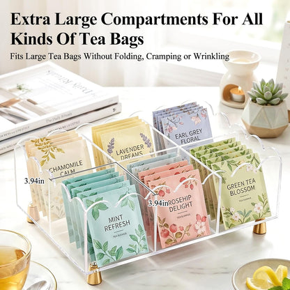 Acrylic Tea Bag Organizer, 6 Spacious Compartments Tea Bag Holder, Clear Scalloped Edge with Gold Accent Feet, Tea Storage Box for Countertop, Pantry, Cabinet, Sugar Packets