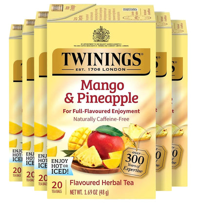 Twinings Mango & Pineapple Herbal Tea Individually Wrapped Bags, 20 Count (Pack of 6), Naturally Caffeine-Free, Enjoy Hot or Iced, 120 Teabags