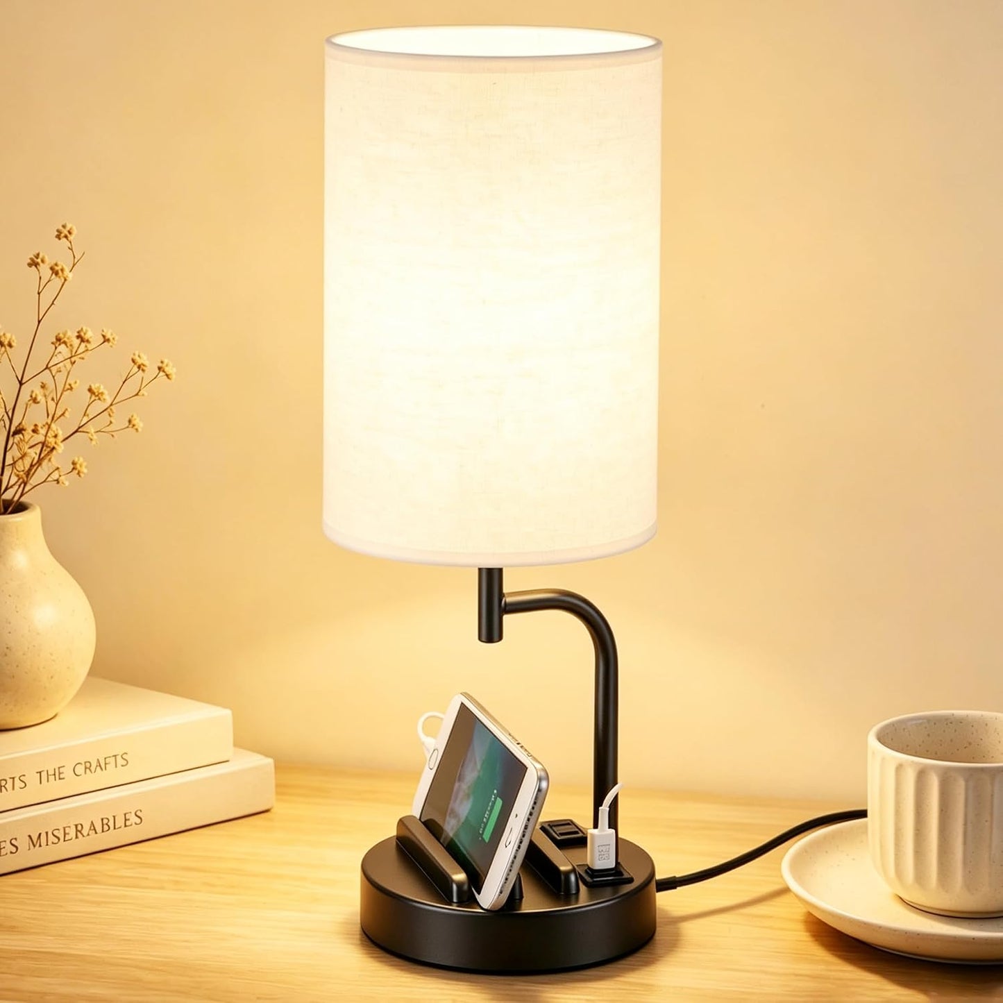 Dreamholder Touch Control USB Table Lamp with USB C/A & AC Outlet, 3-Way Dimmable Bedside Lamp, Modern Nightstand Lamps for Bedroom Living Room Guest Room Office, Bulb Included, Gold