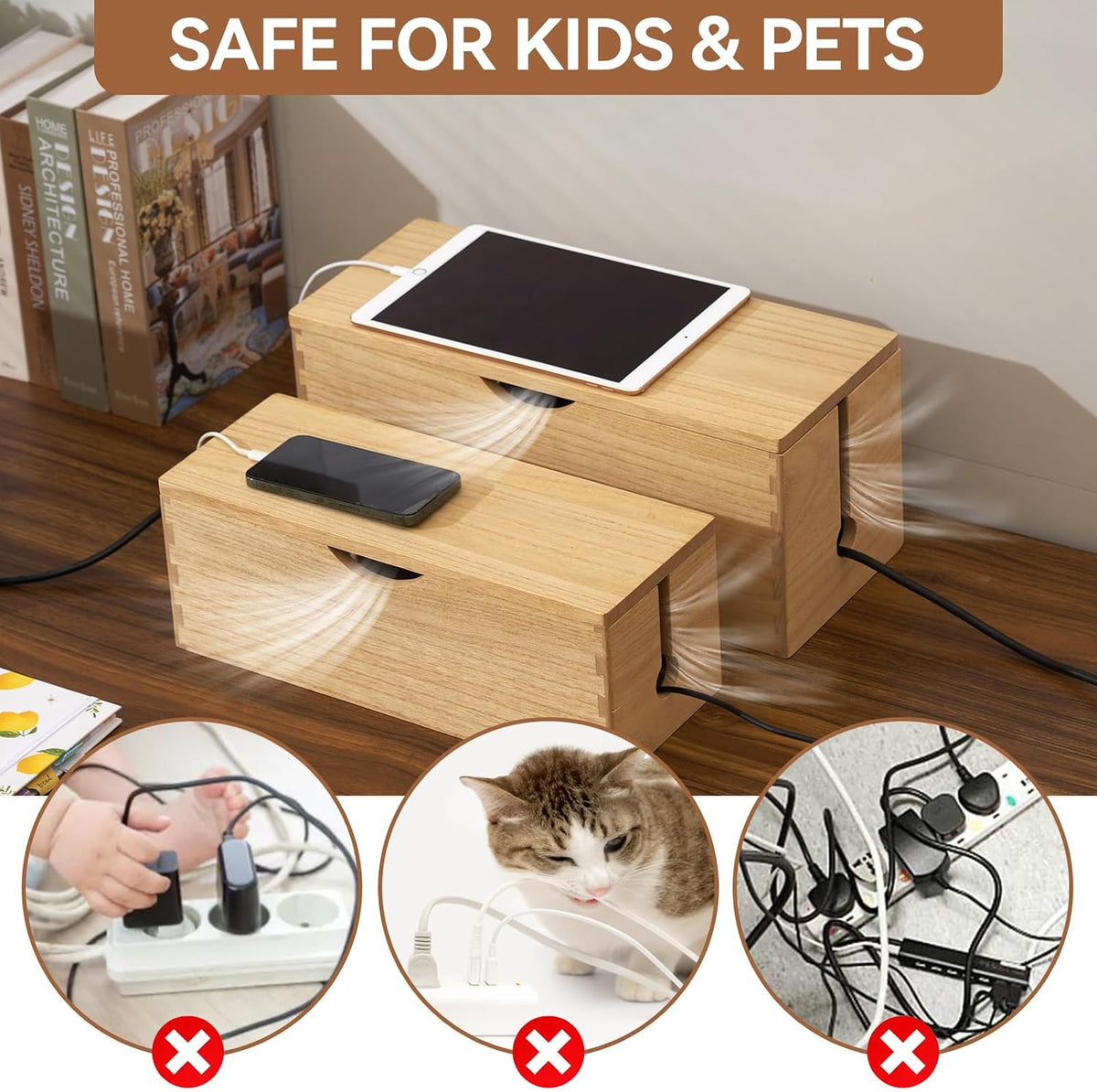 KIRIGEN Wooden Cable Management Box Set of 2, Cord Organizer, Natural