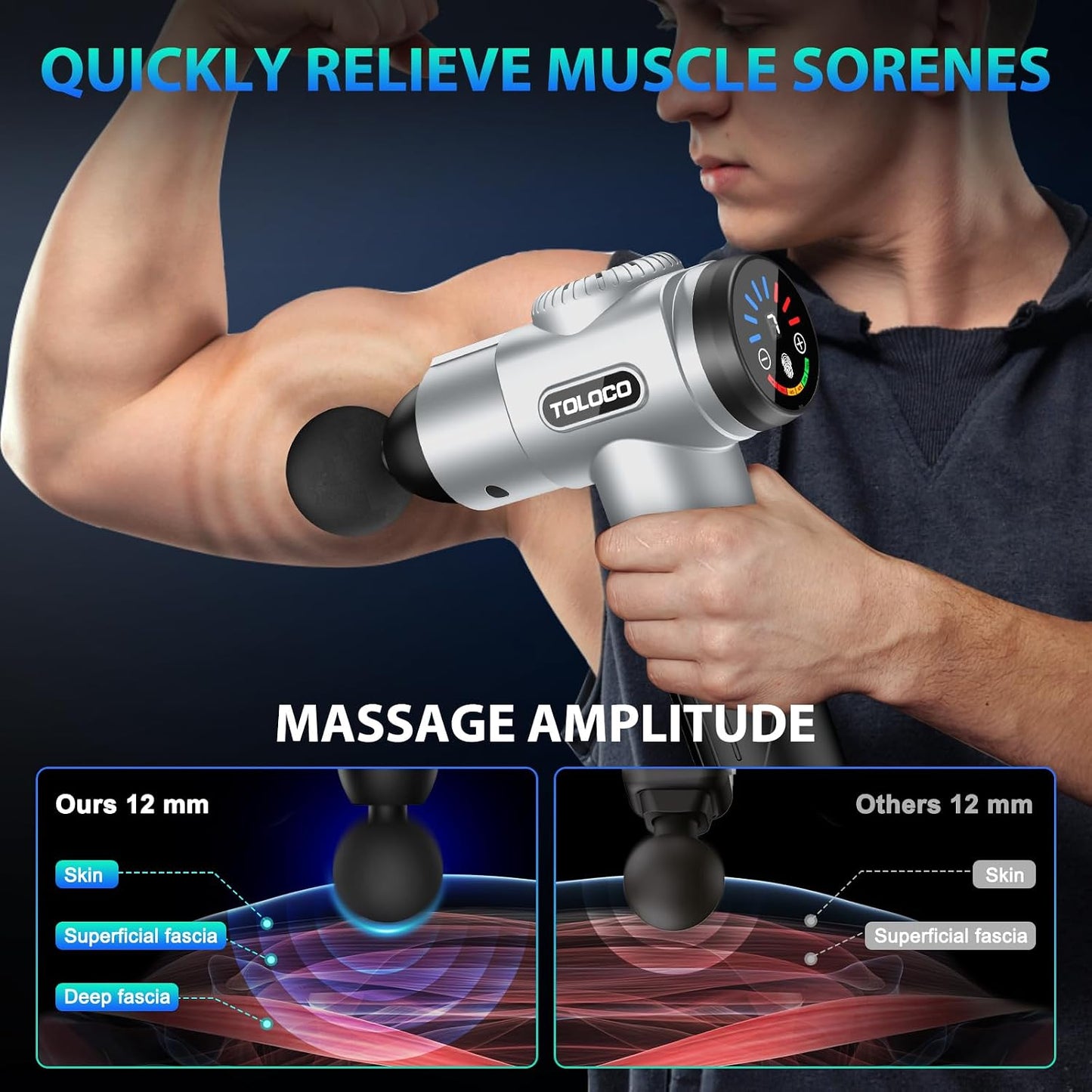 TOLOCO Massage Gun, Deep Tissue Back Massage for Athletes for Pain Relief, Percussion Massager with 10 Massages Heads & Silent Brushless Motor, Fathers Day Dad Gifts, Grey
