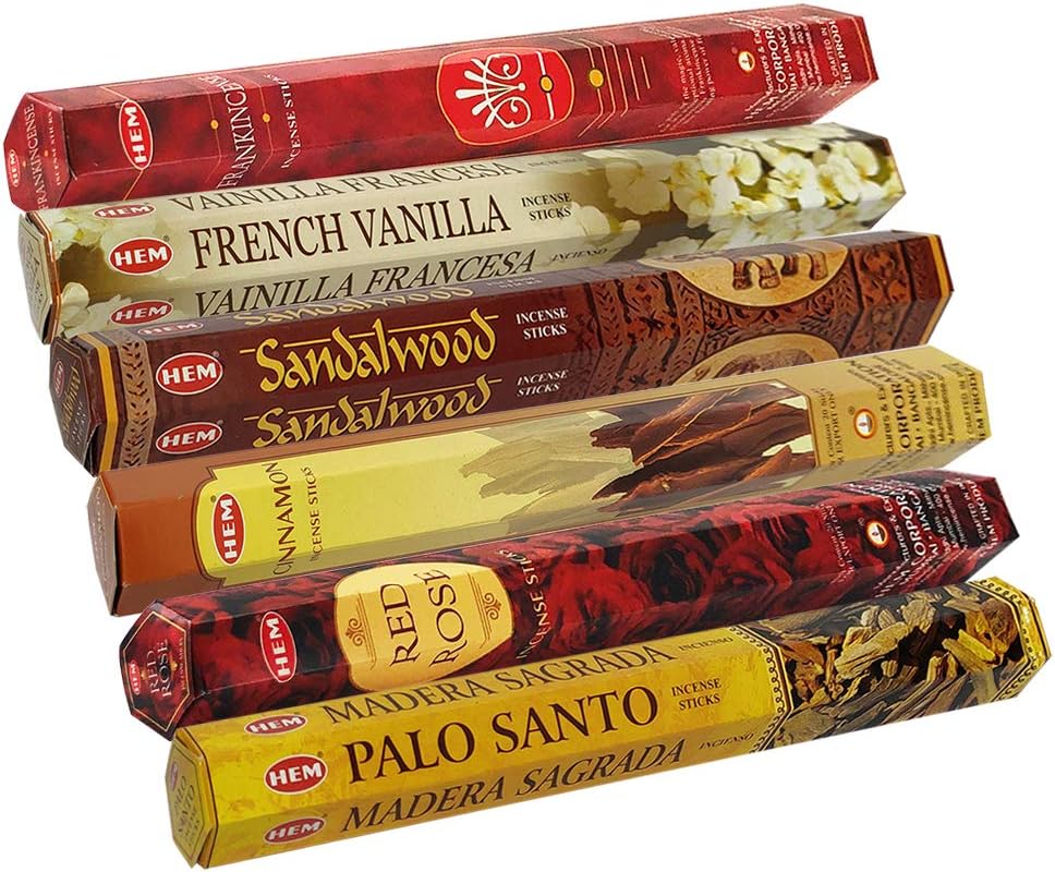 Hem Incense Sticks Variety Pack #23-120 Insence-Sticks (6 Incents x 20 Insense) + Incense Stick Holder with 6 Most Liked Scents Including Patchouli Dragons Blood White Sage Frankincense-Myrrh