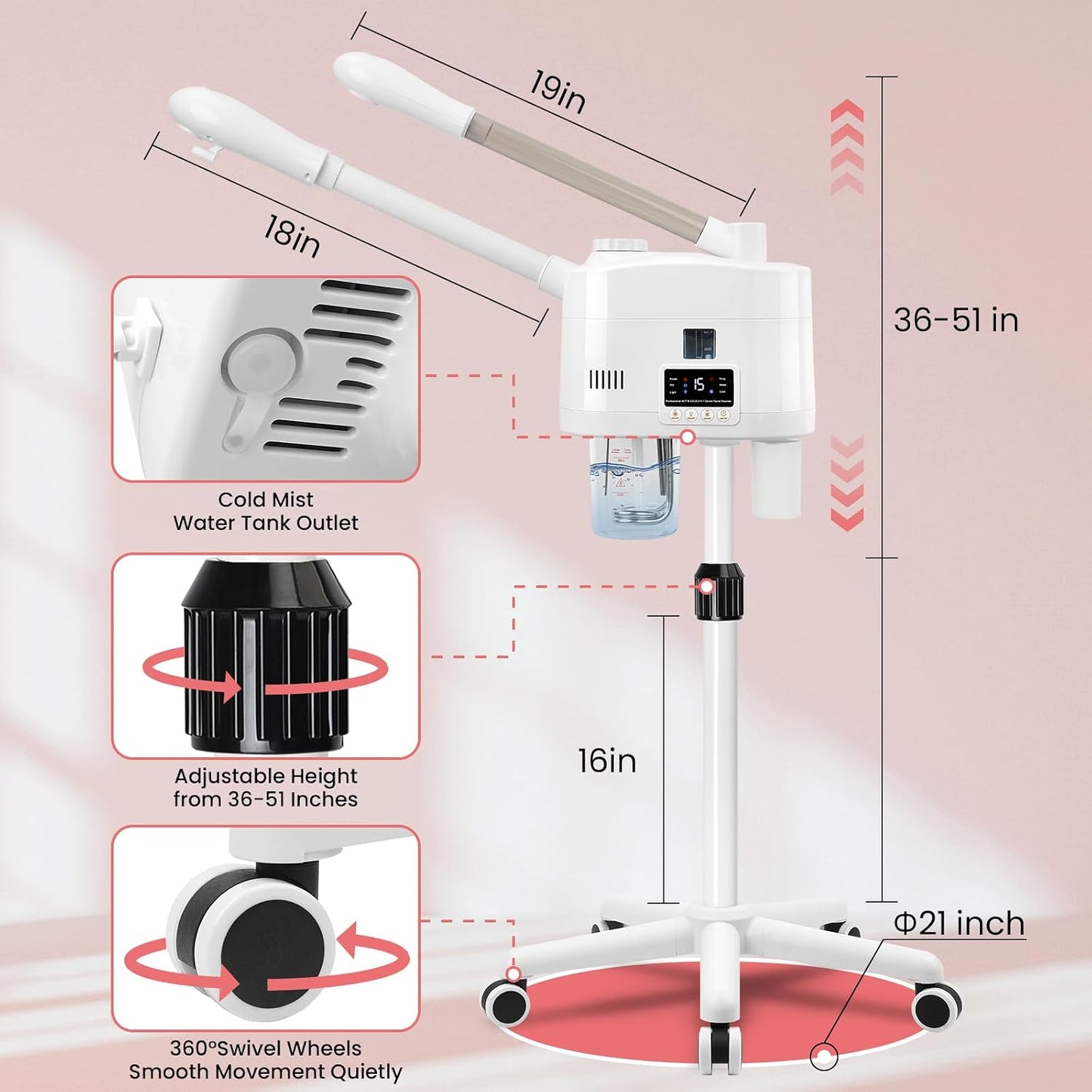 Facial Steamer Professional with More Steam for Deep Cleansing and Hydration, Estheticians Steamer on Wheels with Time Setting, Face Steamer Adjustable Height for Beauty, Spa and Home Use（Golden）
