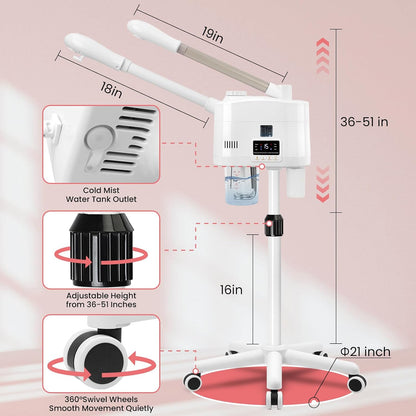 Facial Steamer Professional with More Steam for Deep Cleansing and Hydration, Estheticians Steamer on Wheels with Time Setting, Face Steamer Adjustable Height for Beauty, Spa and Home Use（Golden）