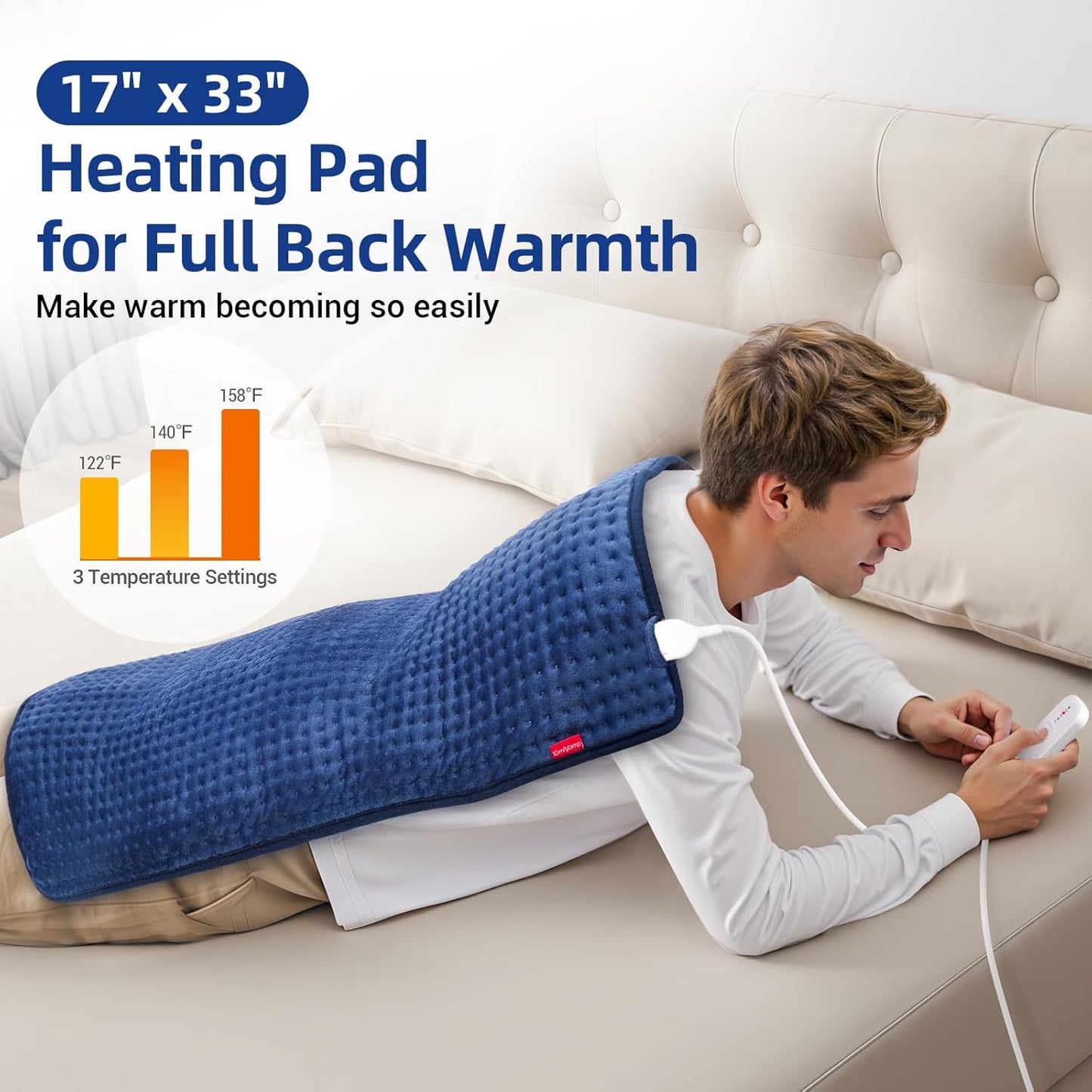 Comfytemp Extra Large Heating Pad for Back & Period, 33''x 17'' King Size FSA Eligible Pack, Birthday Gifts for Women Men Mom Dad, HSA Electric XL Heat Wrap for Body/Shoulder/Neck/Knee, Washable, Blue
