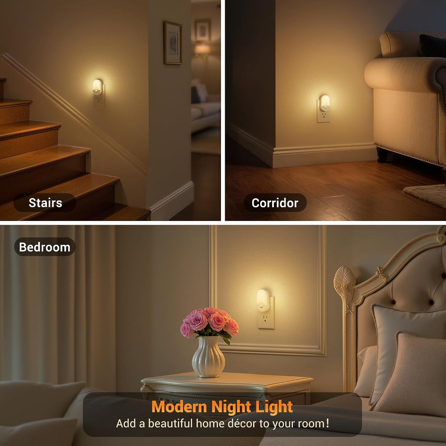 JandCase Night Light, Modern Night Lights Plug into Wall,2 Pack Dusk to Dawn Sensor Nightlight, Amber Brightness Adjustable Nightlight for Kids Bathroom Hallway Kitchen Bedroom Decor