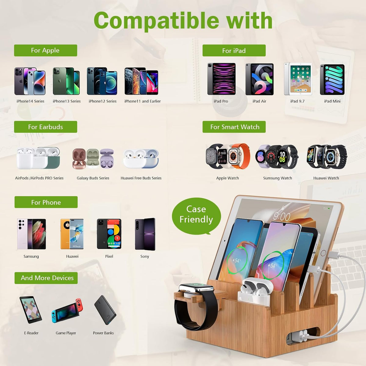 Pezin & Hulin Bamboo Charging Station with USB Charger,5Cables-Natural