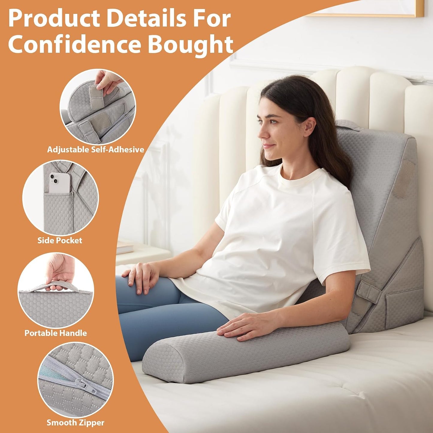 BIEEZZK Wedge Pillow Set for After Surgery, Wedge Pillow for Acid Reflux, Bed Wedge Pillow with Adjustable 9&12inch for Headboard,Sleeping, Orthopedic Memory Foam for Neck&Back Support, White/Grey
