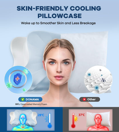 DONAMA Cervical Pillow for Neck and Shoulder,Contour Memory Foam Pillow,Ergonomic Neck Support Pillow for Side Back Stomach Sleepers with Pillowcase