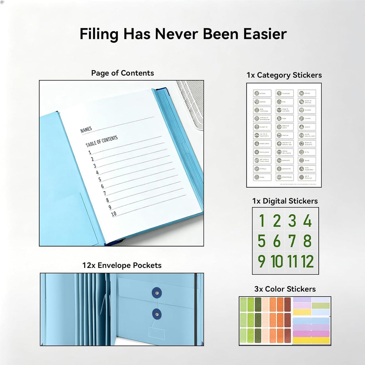 Important Document Organizer, File Folder with Labels and 12 Pockets, Expanding Storage Folder for Family Emergency Binder, Life Binder Organizer for Photos and Letters, Blue
