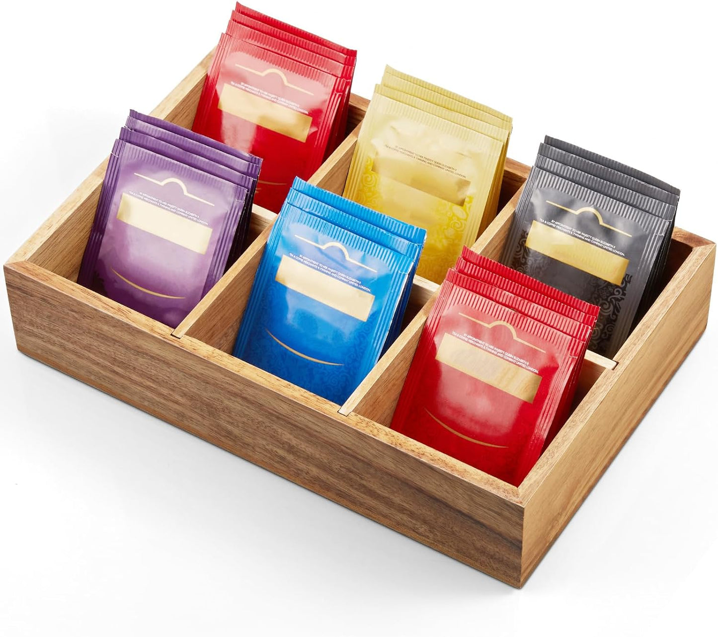 DRASTAR Tea Bag Organizer, Acacia Tea Bag Holder, Tea Storage Containers with 3 Slots, Wooden Tea Storage Accessories, Mini Tea Bag Caddy Box for Countertop