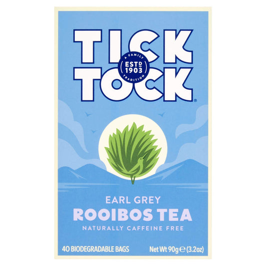 TICK TOCK TEAS Rooibos Earl Grey - Naturally Caffeine Free Red Bush Herbal Tea with Citrus Bergamot | Smooth, Low Tannin South African Tea Bags | Enjoy Hot or Iced - 3.5 Oz, 40 Count