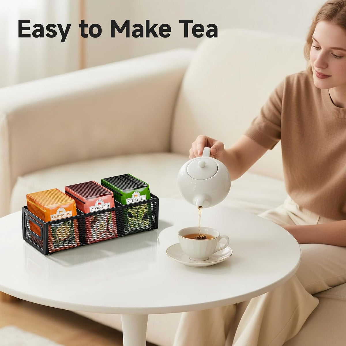 2 Tier Tea Bag Organizer, Mesh Tea Bag Holder with Handle, Teabag Holder, Tea Station Organizer for Countertop, Pantry, Kitchen, Cabinet -Black