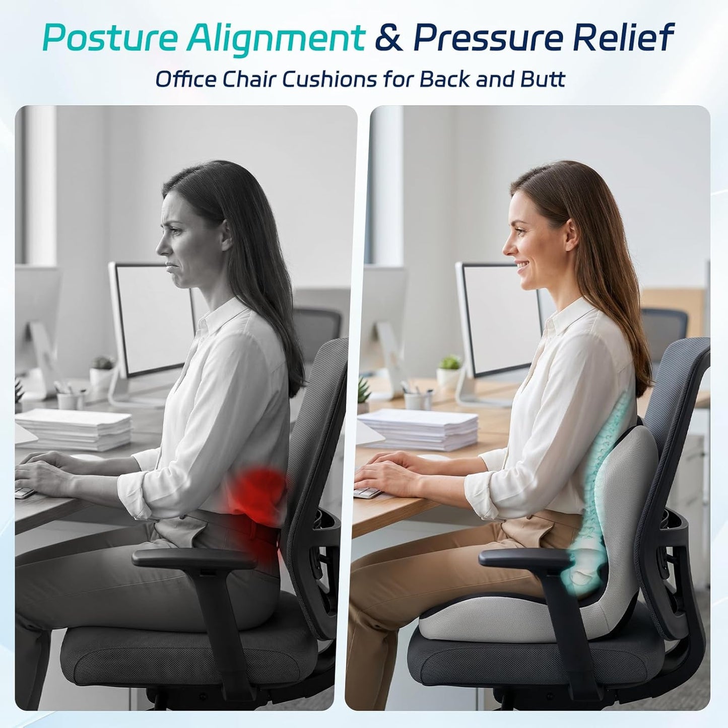 Back and Seat Cushion for Office, Back & Tailbone Pain Relief, Raised Cushion for Lumbar and Butt, Double-Sided Anti-Slip, Improves Sitting Posture, Ergonomic Memory Foam Lumbar Cushion
