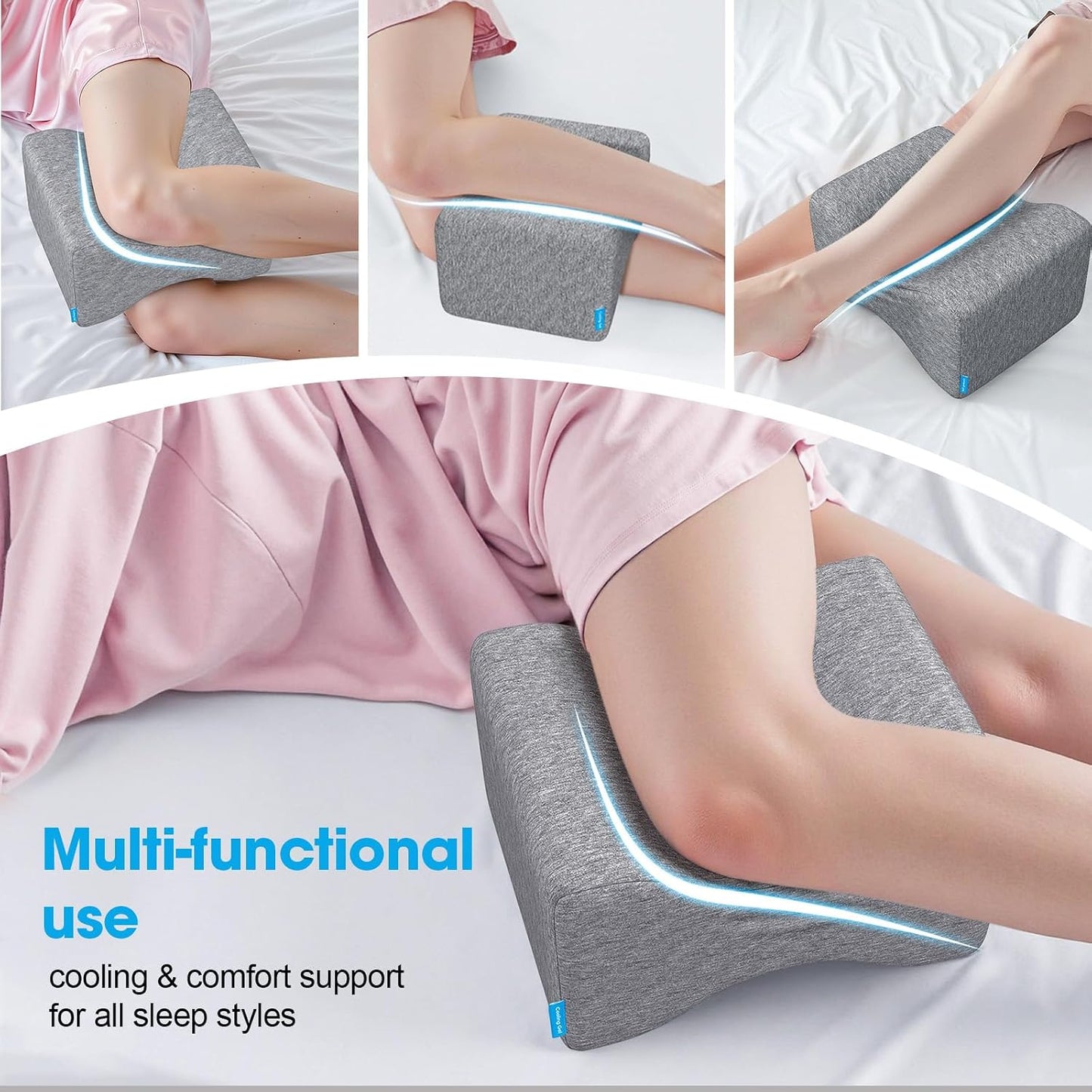 Knee Pillow for Side Sleepers with Cooling Gel, Memory Foam Elevation Pillow for Spine Aligning, Sciatica, Back, Hip, Knee, Ankle Pain, Grey/Large