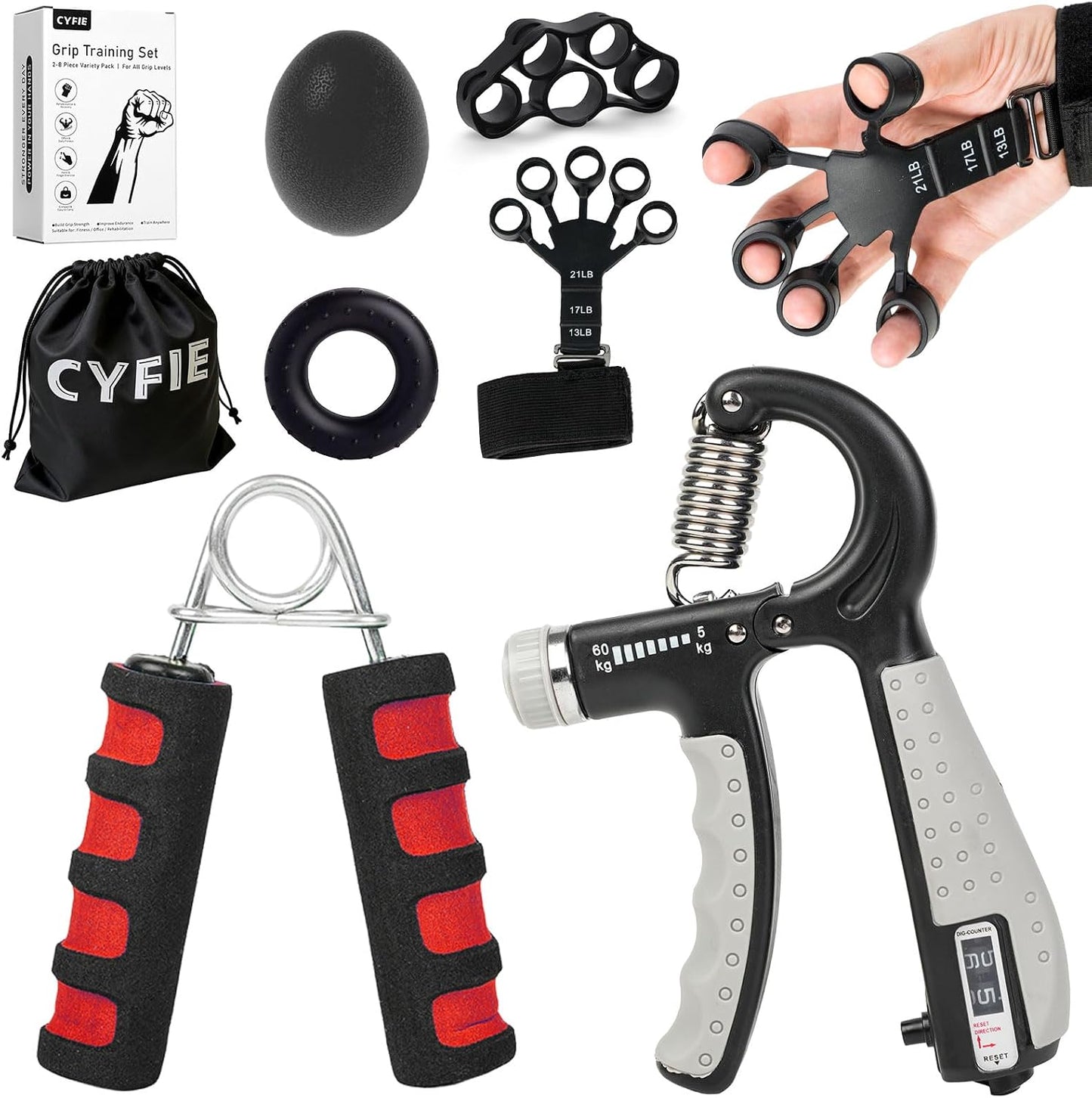 CYFIE Grip Strength Trainer Kit, Adjustable Hand Gripper Strengthener, Forearm Strengthener & Finger Exerciser Set with Finger Stretcher, Stress Ball & Grip Ring for Athletes, Rock Climbing & Rehab