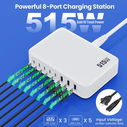USB C Charger 200W USB C Charger Block,Upgraded GaN III 8-Port Fast Charging Station Hub,PD 65W Laptop Charging Adapter Compatible with MacBook Pro/Air,DELL,Steam Deck,iPhone 16/15/14,Galaxy S23/22