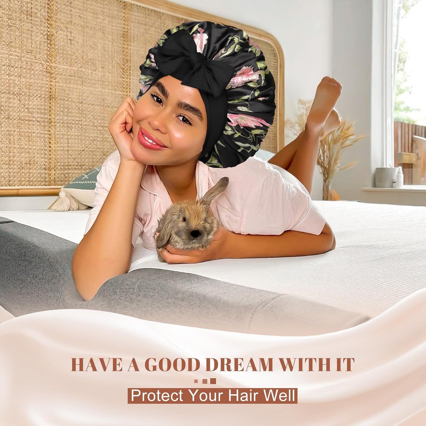 Satin Bonnet for Sleeping Cap Double Layer Hair Bonnet with Elastic Tie Band for Curly Hair Night Cap (Bean Paste + Pink)