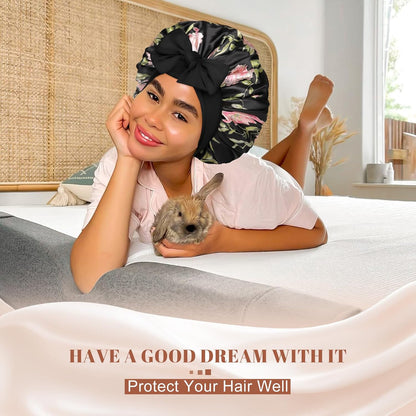 Satin Bonnet for Sleeping Cap Double Layer Hair Bonnet with Elastic Tie Band for Curly Hair Night Cap (Bean Paste + Pink)