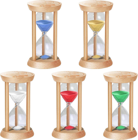 Sand Hourglass Timer Set: 30 Sec/1/2/3/5/10 Minutes Wooden Sand Clock, Colorful SandWatch Hour Glass, Small Sandglass Timer for Classroom, Home Decorative, Games (6 pcs)