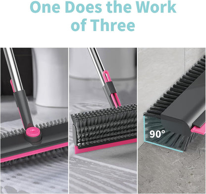 Floor Scrub Brush with Long Handle, 3 in 1 Scrape and Heavy-Duty Stiff Bristle Scrubber Brush Broom for Cleaning Shower Bathroom, Patio, Pool, Garage, Kitchen, Wall and Deck (White, 1 Pack)