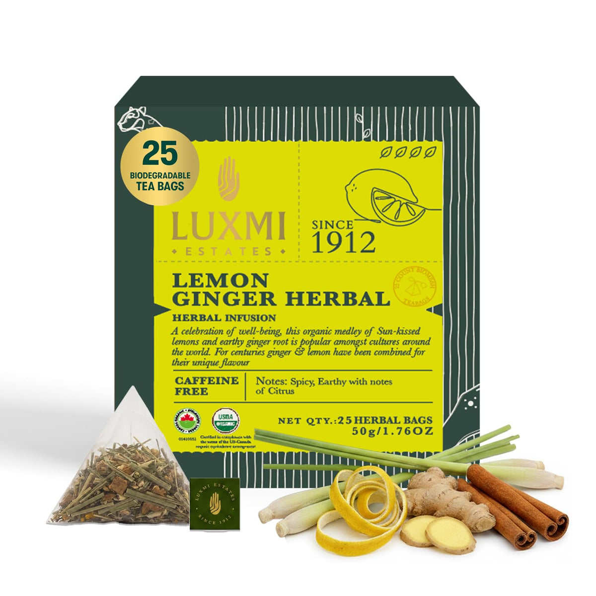 Luxmi Estates Lemon Ginger Herbal Tea, 25 Tea Bags (50g, 1.76oz) | USDA Organic Caffeine-Free Infusion with Lemon Peel, Ginger Root, Lemongrass & Licorice | Spicy Earthy Citrus Notes | Vegan & Non-GMO