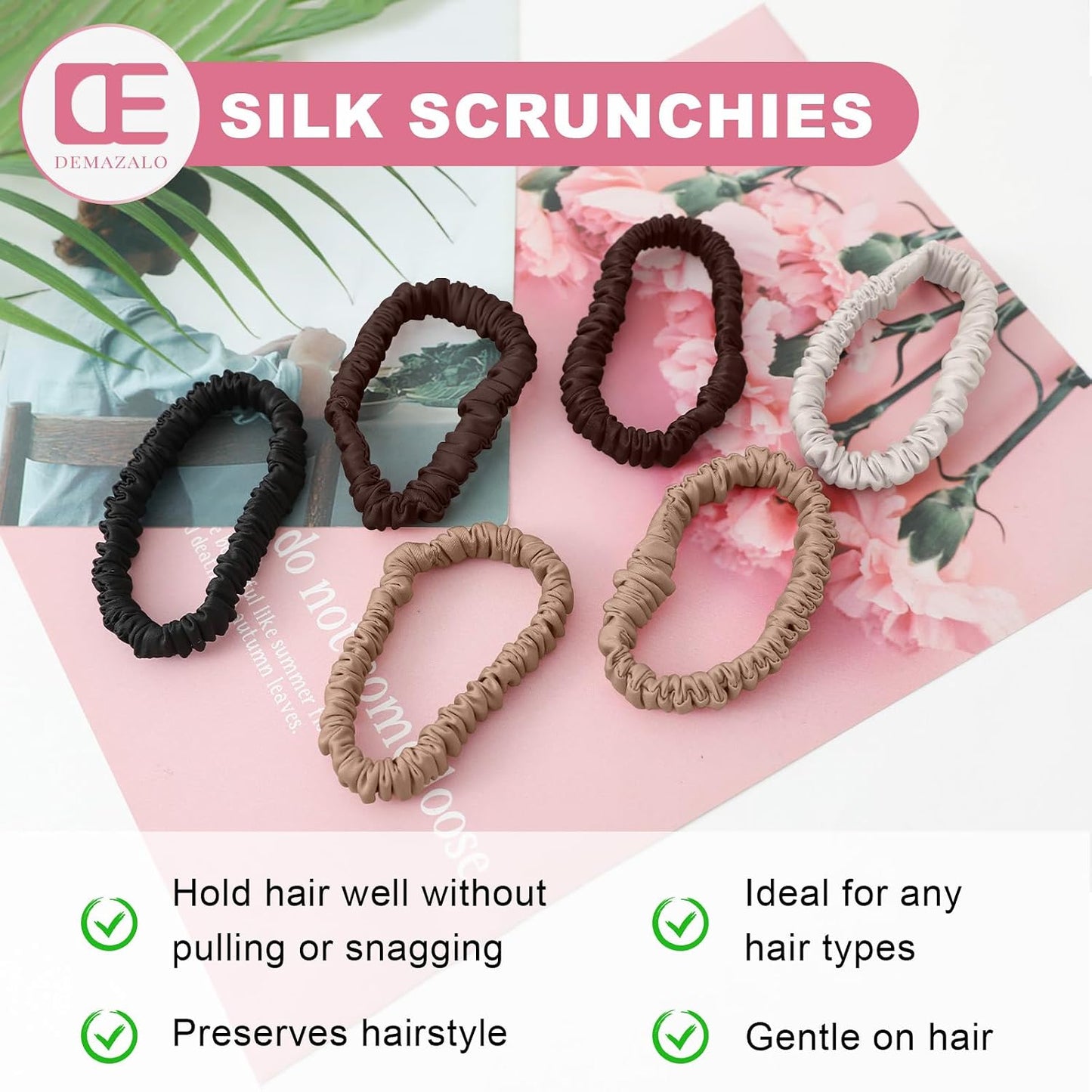 6Pcs Silk Hair Ties 100% Pure Mulberry Silk Scrunchies for Women Girls | No Hair Crease, Anti Frizz, Gentle Hold, No Damage, Black Brown Pink