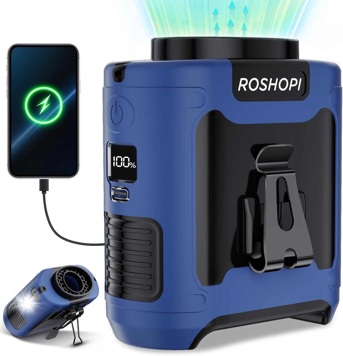 AI Portable Fan Rechargeable -10000mAh, 40H Work Time with 5 Speeds 16000RPM Strong Airflow, Personal Waist Fan with LED Light for Clip On Belt, Neck, Desk, Outdoor Indoor Jobsite Camping Travel