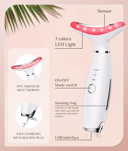 Dopsikn 7 Color Galvanic Machines - Red Light Therapy for Face and Neck, Face Massager Tool for Wrinkles, Double Chin, Vibrating Facial Massager with Thermals, Pink