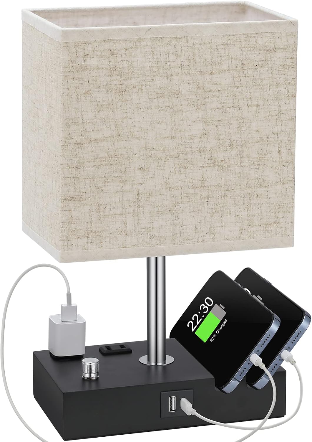 Kakanuo Fully Dimmable Nightstand Lamp for Bedroom with USB C Ports, Grey Small Bedside Table Lamp with Charging Outlets and Phone Stands, Wooden Desk Lamp for Living Room, LED Bulb Included