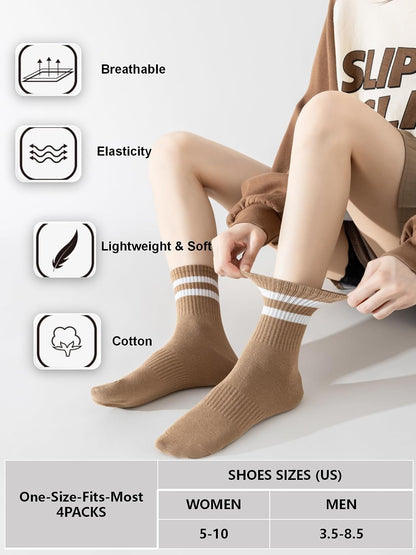 YUWELL Womens Striped Crew Socks, Cotton Cozy Casual Socks for Women 4 Pairs, Size 5-10