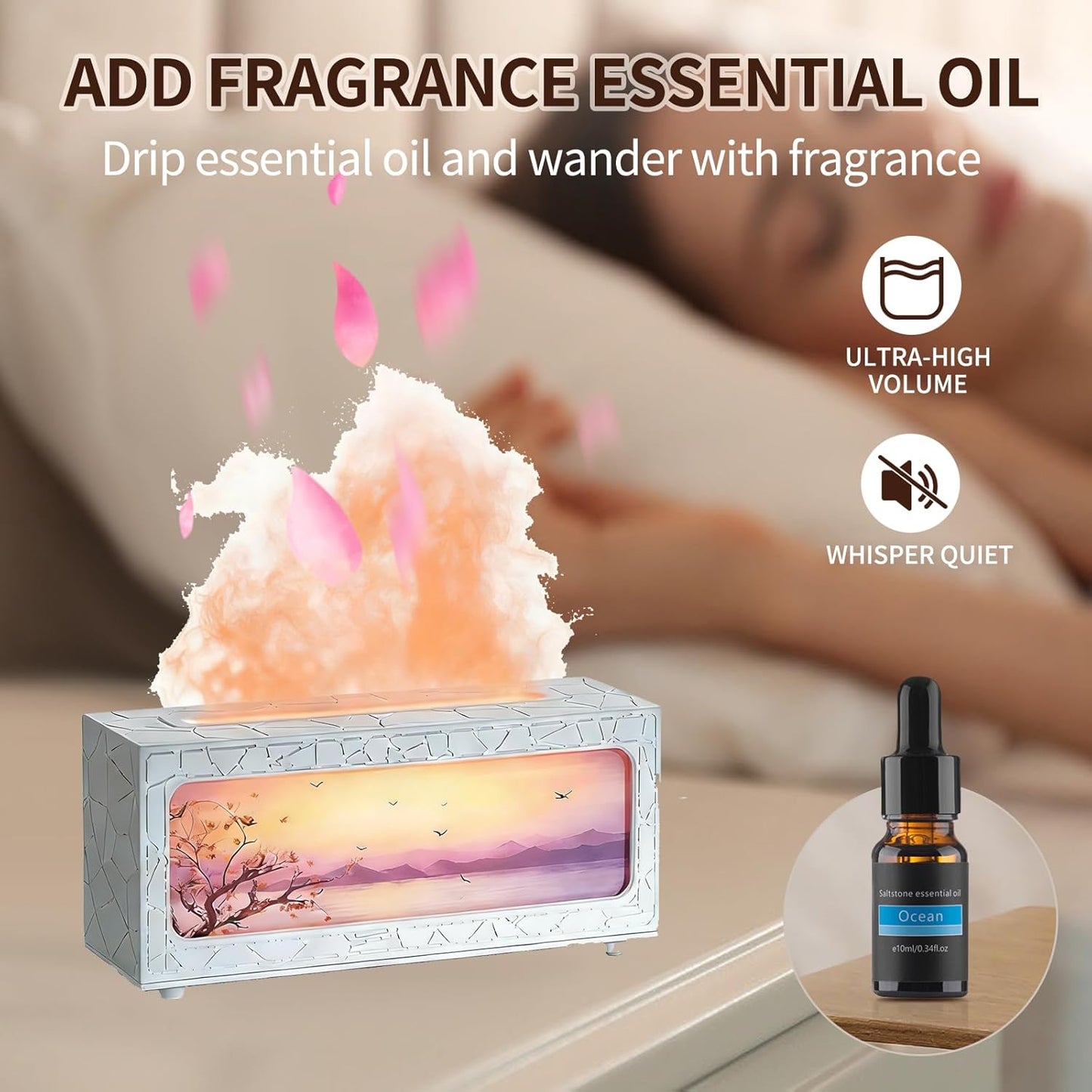 Fireplace Flame Essential Oil Diffuser, 280ml Aromatherapy Humidifier with Remote Control, 7 Color LED Lights, Ultrasonic Aroma Diffuser for Home Bedroom Office Yoga Spa, White