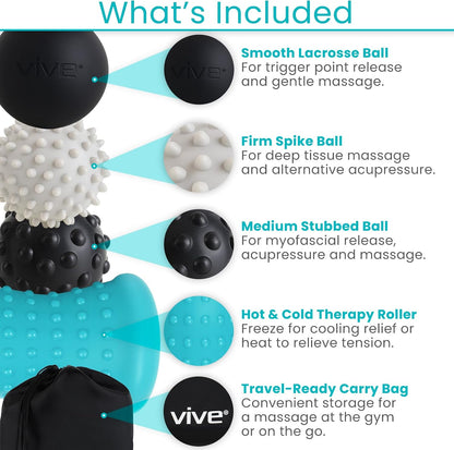 Vive Massage Ball Set (4 Piece) - Plantar Fasciitis Relief Foot Pain Hot Cold Therapy - Heel Spur, Sore Muscle, Trigger Point, Back, Arm, Neck, Shoulder, Leg Circulation Roller