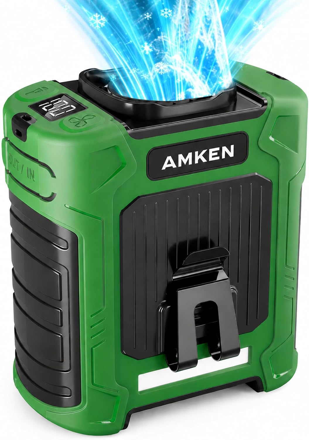 AMKEN Waist Fan, 10000mAh Rechargeable Belt Clip Fan, 59ft/s Airflow, 6-Speed 19000RPM Wearable Cooling with Bottom Air Intake, LED SOS Warning Light, Charge 2 Phones for Jobsite Camping
