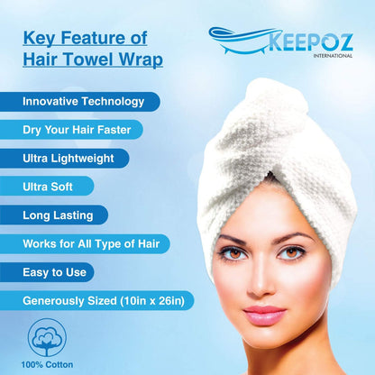 KEEPOZ 100% Cotton Hair Towel Wrap Quick Dry Super Absorbent Turban Head Wrap for Women with Button, Anti Frizz, Hair Cap for Curly, Long & Thick Hair (White, 1 Pc)