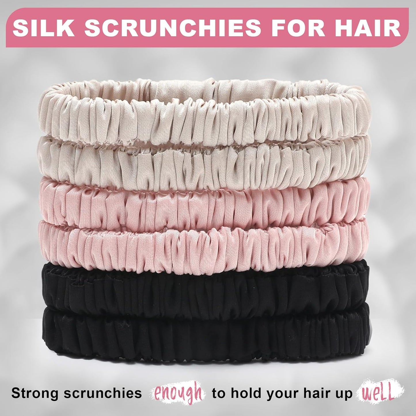 6Pcs Silk Hair Ties 100% Pure Mulberry Silk Scrunchies for Women Girls | No Hair Crease, Anti Frizz, Gentle Hold, No Damage, Black Brown Pink