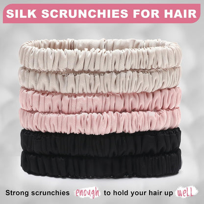 6Pcs Silk Hair Ties 100% Pure Mulberry Silk Scrunchies for Women Girls | No Hair Crease, Anti Frizz, Gentle Hold, No Damage, Black Brown Pink