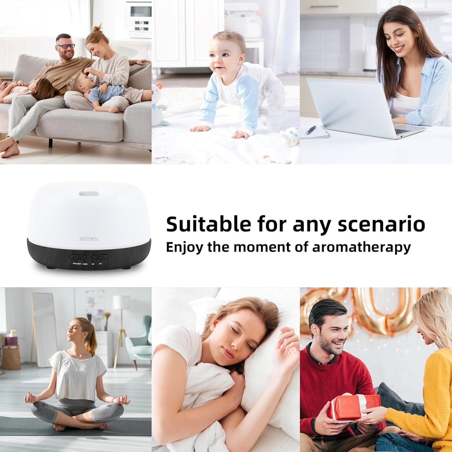 SEEDSEEL 300ML Essential Oil Diffuser with 7-Color LED Lights and Remote Control, Modern Minimalist Design, High-Efficiency Ultrasonic Mist Aromatherapy Diffuser for Home