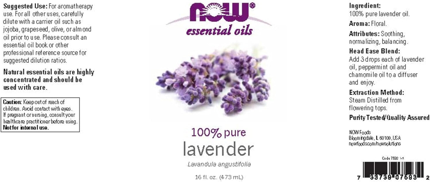 NOW Essential Oils, Lavender Oil, Soothing Aromatherapy Scent, Steam Distilled, 100% Pure, Vegan, Child Resistant Cap, 4-Ounce