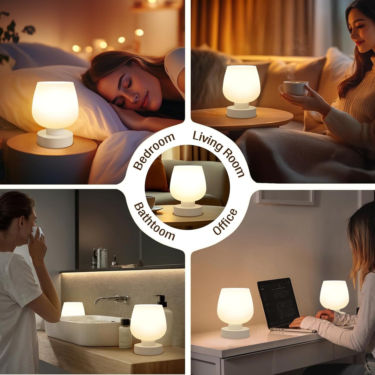 Seealle Touch Table Lamp for Nightstand - Small Bedside Lamp for Bedroom Living Room Night Stands, Desk Lamp with White Glass Shade for Small Spaces, 3 Way Dimmable, LED Bulbs, Gifts