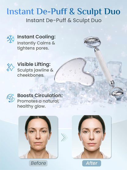Rena Chris Gua Sha and Face Roller Set: Anti-Breakage Jade Roller for Long-Lasting Use, Jawline Sculpting and Puffiness Reducing, Gua Sha Facial Tools for Self Care Gift (Green)