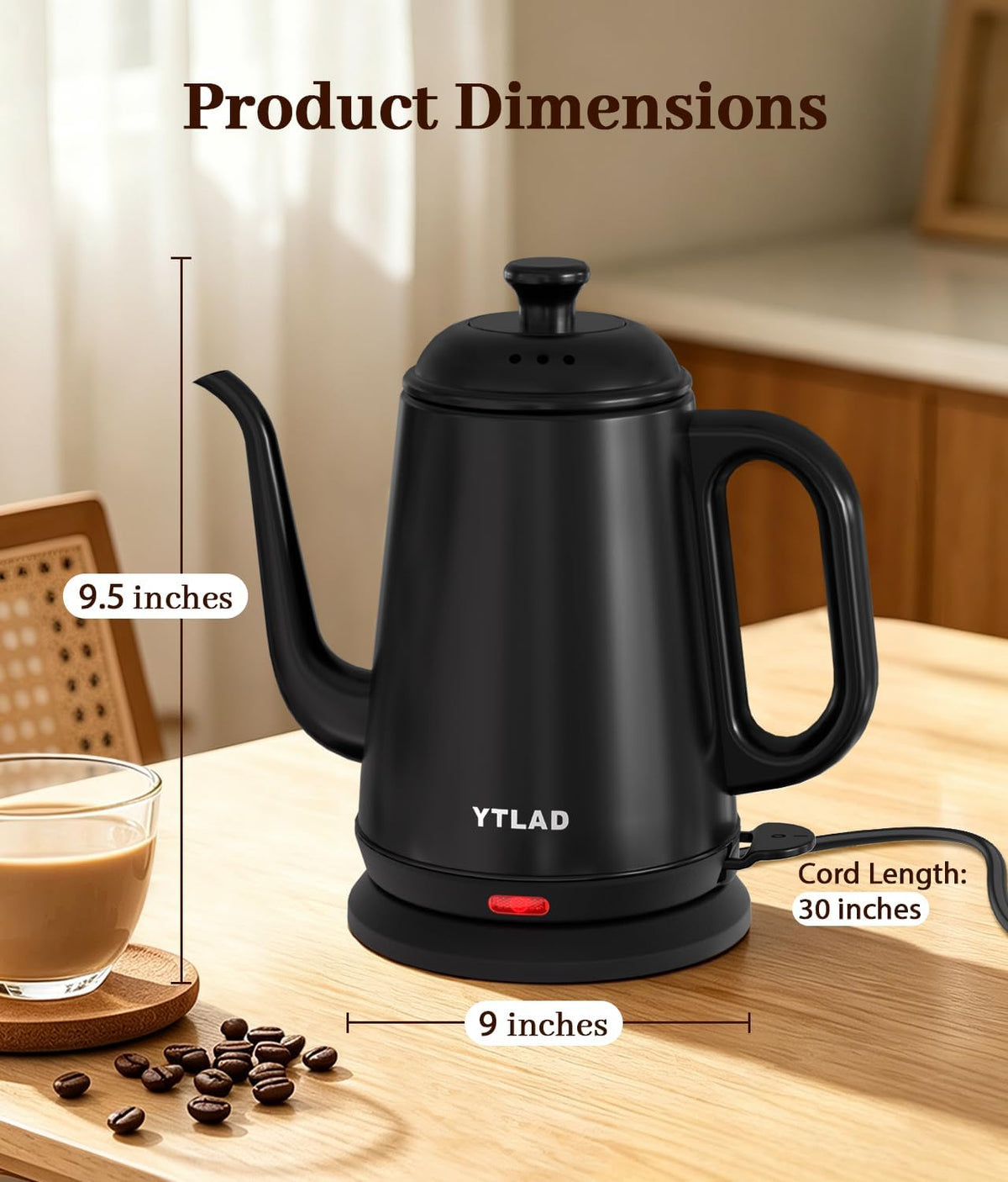 Gooseneck Electric Kettle 1L, 1000W, Pour-Over Coffee & Tea